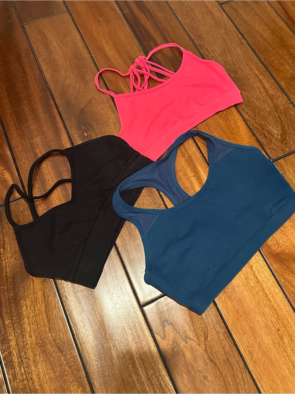Fabletics Strappy & Racerback Sports Bra Bundle — Pink, Black & Blue